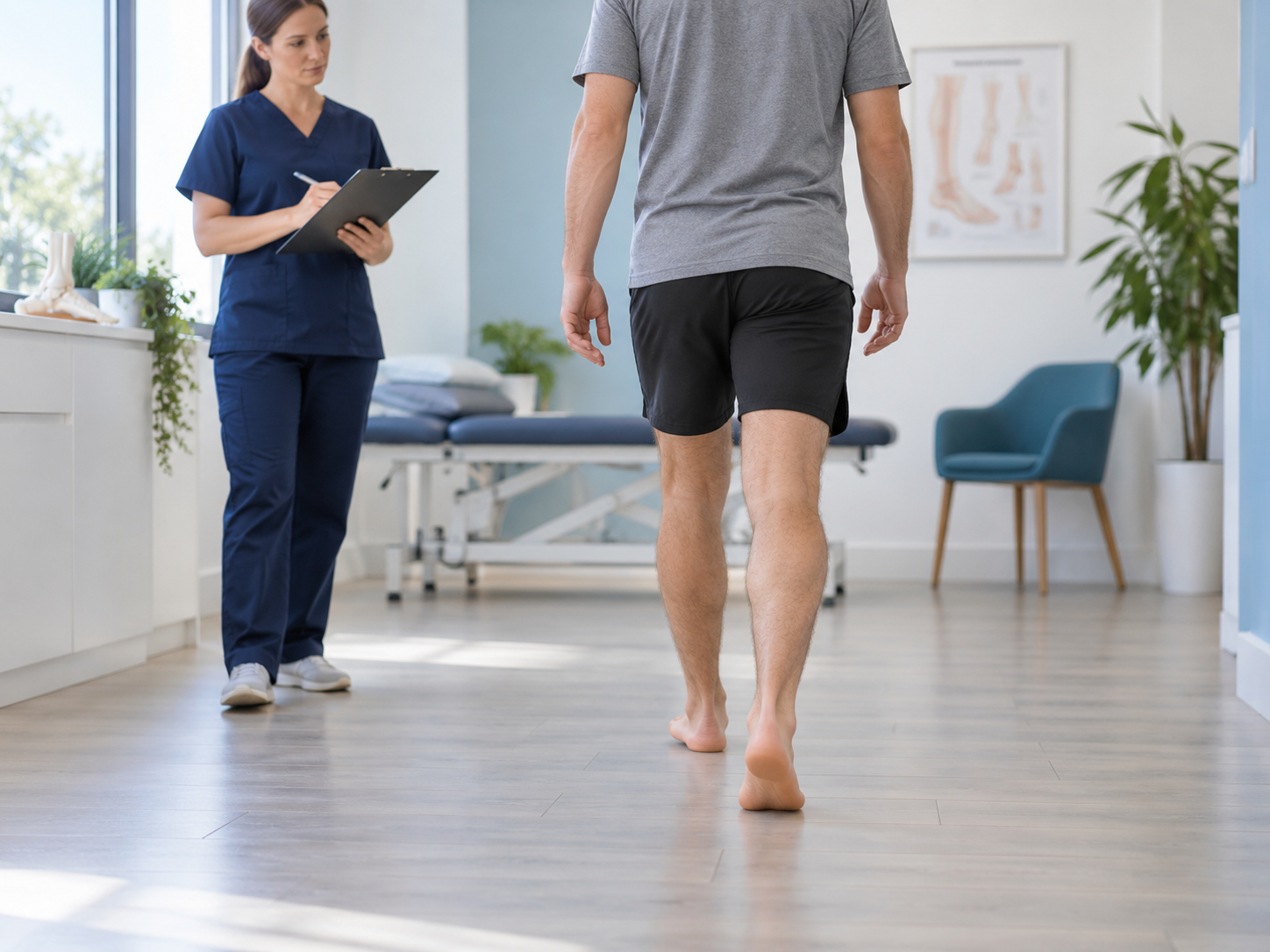 Walking gait assessment with a podiatrist in clinic